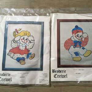 NEW 1975 Set Of 2 Dutex AFC Broderie Crewel Yarn Embroidery Kits Boy Girl USA